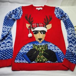 Jolly Sweaters Cool Reindeer Ugly Sweater Men's Size Small Red Blue Camo Holiday